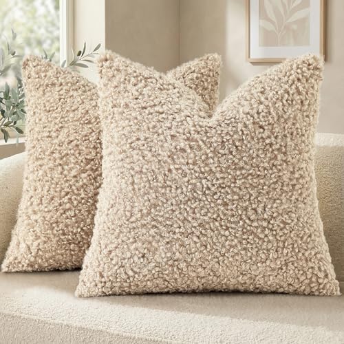 decorUhome Sherpa Throw Pillow Covers 24x24 Set of 2 Neutral Oatmeal | Soft Fuzzy Texture, Heart-Shaped Zipper, Cozy Square Accent Pillow Covers for Sofa Couch Living Room Bedroom, Neutral Style - color: Oatmeal, size: 24" x 24" (Pack of 2)