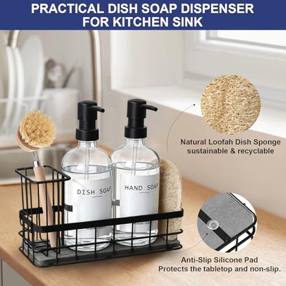 Dish Soap Dispenser for Kitchen, 16.9 fl oz Clear Hand and Dish Soap Dispensers, Kitchen Soap Dispenser Set with Sponge Holder, Brush Holder and Loofah Sponge, Countertop Sink Organizer Accessories - color: Clear