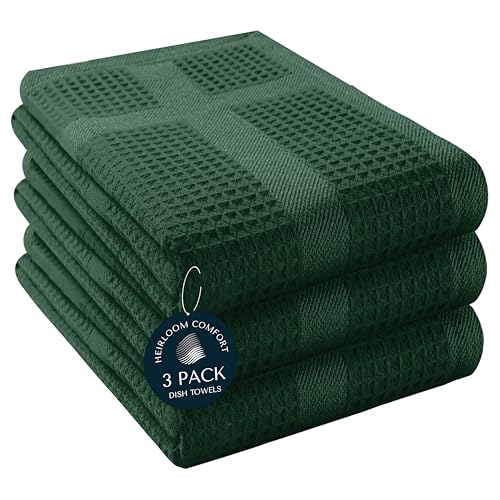 3 Pack Waffle Weave Kitchen Towels, 16x26 Inch, 100% Cotton, Absorbent Dishcloth Set, Quick Dry, Soft for Cleaning, Wiping, Hand Towels, Dish Rags, Wash Cloth, Durable, Forest Green - color: Forest Green, style: 3 Pack