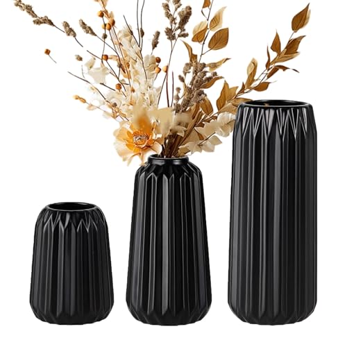 Black Ceramic Vases Set of 3 – Modern Ribbed Vase Centerpieces for Pampas Grass, Eucalyptus, Dried or Fresh Flowers, Minimalist Home Decor for Living Room, Bookshelf, Table & Office - color: Black