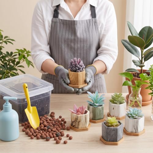 Marbling Ceramic Flower Pot Succulent Small Plant Cactus Herbs Planter Ceramic Pot with Drainage Hole Matte Container(6 Pcs,Hexagon Style) - style: Hexagon Style