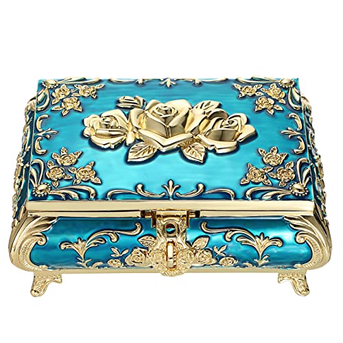 Hipiwe Vintage Metal Jewelry Box Earrings Necklace Bracelet Storage Box | DecorativeTreasure Chest Case Ornate Trinket Organizer Ring Holder Keepsake Box for Women - color: Blue, size: Large