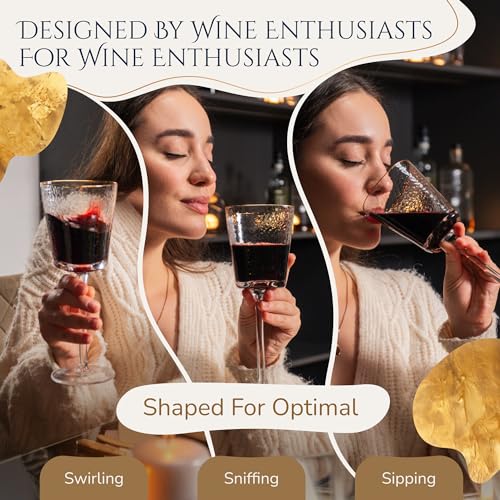 Bec's Designs Wine Glasses Set of 4, 10oz Handblown, Hammered, Gold Rim | Unique triangular wine glass design creates elegant stemware for serving red wine, white wine & champagne.