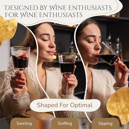 Bec's Designs Wine Glasses Set of 4, 10oz Handblown, Hammered, Gold Rim | Unique triangular wine glass design creates elegant stemware for serving red wine, white wine & champagne.