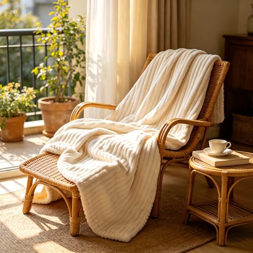 Throw Blanket for Couch, Fuzzy Soft Corduroy Blanket 50"x60", Lightweight Decorative Blanket for Living Room Bedroom Sectional Sofa, Cream White