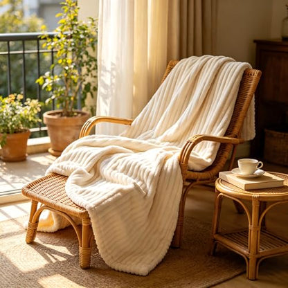 Throw Blanket for Couch, Fuzzy Soft Corduroy Blanket 50"x60", Lightweight Decorative Blanket for Living Room Bedroom Sectional Sofa, Cream White