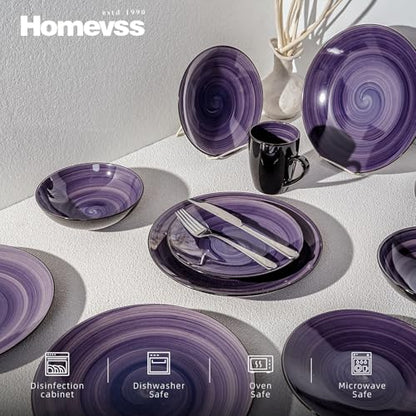 HomeVss Sonoma 16-Piece Dinnerware Set - Serves 4, Black and Speckled Purple Plates & Bowls Set | Microwave & Dishwasher Safe, Spinwash Purple - color: Purple