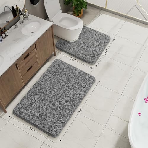 Bathroom Rug Sets 2 Piece, 20"x20" U-Shaped & 21"×34", Grey | Toilet Mat Non Slip Bath Mats Floor Set, Washable Bath Rug Set, Absorbent Soft Bathroom Rug - color: Grey