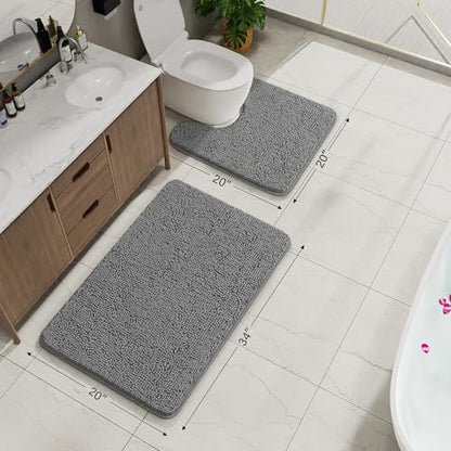 Bathroom Rug Sets 2 Piece, 20"x20" U-Shaped & 21"×34", Grey | Toilet Mat Non Slip Bath Mats Floor Set, Washable Bath Rug Set, Absorbent Soft Bathroom Rug - color: Grey