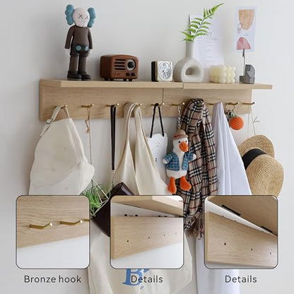 Marine Plywood Wall Mounted Coat Rack with Shelf & Key Hooks, 5 Brass Hooks Entryway Organizer, Modern Floating Shelf for Bedroom Hallway, Space-Saving Home Storage Rack (1, Oak Finish) - color: Oak Finish
