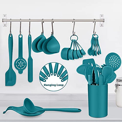 P&P CHEF Kitchen Utensils Silicone Cooking Utensil Set, 28Pcs Baking Utensils Spatulas with Holder, Heat-resistant & Non Toxic, Non-stick & Dishwasher Safe, Blue - color: Blue