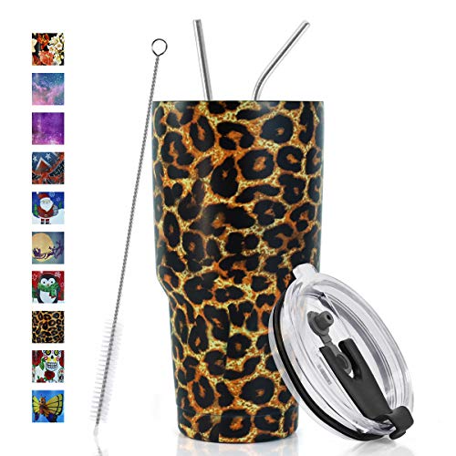 SYACOT 30oz Tumbler Double Wall Stainless Steel Vacuum Insulated Travel Mug with Splash-Proof Lid Metal Straw and Brush - color: Leopard-30oz