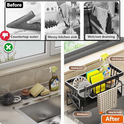 Kitchen Sink Caddy Organizer, Stainless Steel Sink Sponge Holder,45°Tilt Self-Drainage, Sponge Drain Rack with Dish Brush Holder,Removable Dishcloth Rack for Kitchen Storage Dispenser,Grey