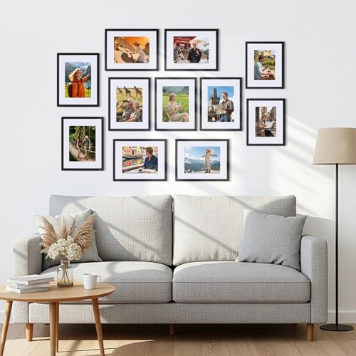 CRUGLA 8.5x11 Picture Frames Set of 11, Display Pictures 6x8 with Mat or 8.5 by 11 without Mat, Certificate Diploma Photo Wall or Tabletop Display, Black - size: 8.5x11 Inch