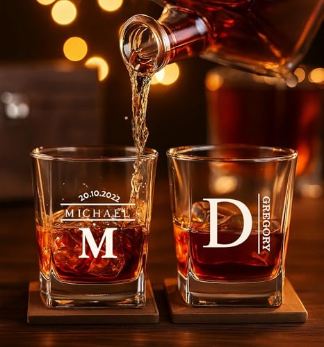 Personalized Whiskey Glass Gift Set – 10.25 oz Engraved 1 Bourbon Glass & 3 Stones & 1 Wooden Coaster with Wooden Box,Old Fashioned Cocktail Glass, Groomsmen & Father’s Day Gift.