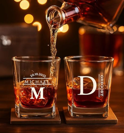 Personalized Whiskey Glass Gift Set – 10.25 oz Engraved 1 Bourbon Glass & 3 Stones & 1 Wooden Coaster with Wooden Box,Old Fashioned Cocktail Glass, Groomsmen & Father’s Day Gift.