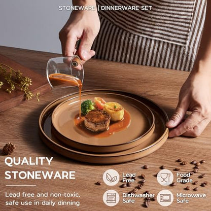 Onader Stoneware Dinnerware Sets for 4, Plates and Bowls with Unglazed Terracotta Bottom, Elegant Kitchen Ceramic Dish Dishware Set, Reactive Glaze 12 Piece - Earthy Umber - color: Earthy Umber