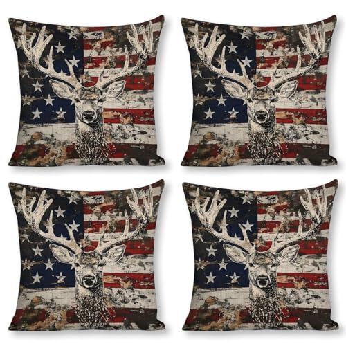 American Flag Deer Throw Pillow Covers Linen Pillow Cases 18x18 Inch Square Cushion Pillowscover Modern Farmhouse Decor Set of 4 for Sofa Bedroom Living Room Car - color: American Flag Deer, size: 18" x 18" (Pack of 4)