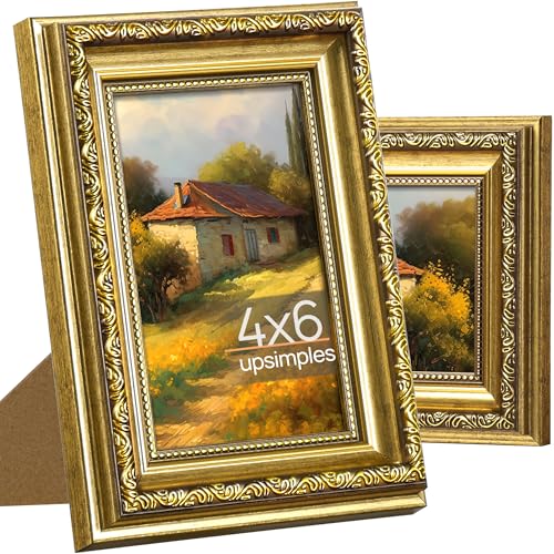 upsimples Vintage 4x6 Picture Frame, Antique Gold Frames, 2 Pack | Gold Picture Frames, Fits 4 x 6 Photos, Elegant Vintage Design, Wall or Tabletop Decor, for Wedding or Family Memorie - color: Gold, size: 4x6