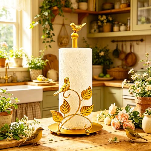 Gold Paper Towel Holder Countertop Golden Bird Decor Cast Iron Solid Birds and Leaves for Home Gold Kitchen Decor Unique Paper Towel Holder Golden