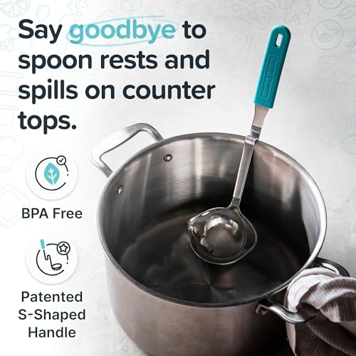 Souper Cubes Soup Ladle Stainless Steel with Silicone Grip & Pot Hook, Aqua | Durable Stainless Steel Ladle Hooks to Your Pot to Help Prevent Drips and Keep Counters and Stovetop Clean - color: Aqua, size: Ladle 1-Pack