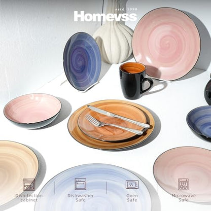 HomeVss, Sonoma 16pc Stoneware Dinnerware Set, Outside Black + Inside Hand Painting Combi Colors of Cobalt, Mocha, Rose and Spice with Speckle - color: Combi Cobalt, Mocha, Rose and Spice
