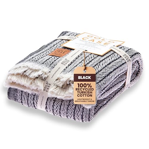 Gold Case Throw Blanket for Couch - 100% Recycled Turkish Cotton Blankets & Throws - Vintage Soft Throw Blankets for Living Room - Boho Decorative Woven Couch Blanket - 50x60 - Black - color: Vintage Black, size: 50x60"