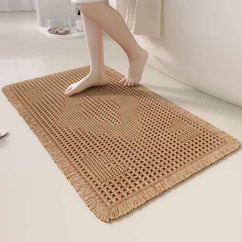 Non Slip Bath Mats for Bathroom Soft Absorbent Boho Bathroom Rugs with Tassels Waffle Bath Mat Machine Washable Brown, 1'6" x 2'8" - color: Brown, size: 1'6" x 2'8" (Rectangular)