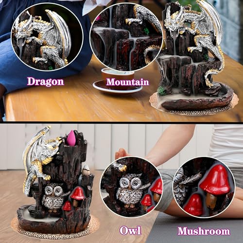 Dragon Backflow 2 Sided Mountain Waterfall Incense Burner,Fountain Smoke Incense Holder with Backflow Incense Cones, Tweezers, Mat，Resin Aromatherapy Meditationvaiuk (Silver) - color: Silver