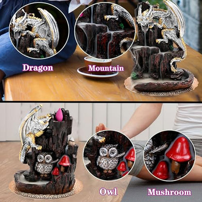 Dragon Backflow 2 Sided Mountain Waterfall Incense Burner,Fountain Smoke Incense Holder with Backflow Incense Cones, Tweezers, Mat，Resin Aromatherapy Meditationvaiuk (Silver) - color: Silver