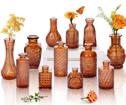 Clear Amber Glass Bud Vase Set of 12 Pcs,Small Bud Vases in Bulk,Glass Crystal Flower Vases Table Centerpieces for Party Event Wedding Decor Baby Shower Decorations (Amber, 12 Pcs) - color: Amber, size: 12 Pcs