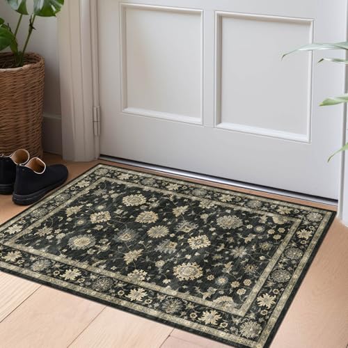 LUXRUG 2x3 Washable Entry Rug - Small Charcoal Black Entryway Area Rug | Non-Slip Door Mat Indoor Entrance Vintage Floral Kitchen Rug Low Pile Boho Throw Rugs for Entryway Bedroom Bathroom Mudroom - color: Charcoal Black, size: 2' x 3' (Rectangular)