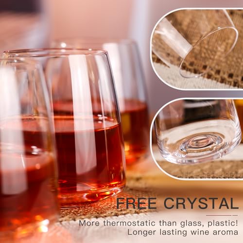 Stemless Wine Glasses Set of 6-15oz【Hand-Blown】 Durable Red White Wine Glasses,Unique Crystal Gifts for Him/Her for Wedding, Birthday,Father's Day - style: 6 Count (Pack of 1)