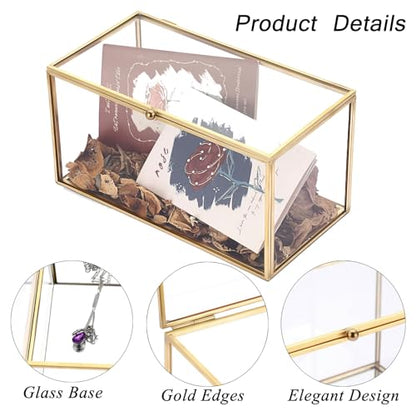Hipiwe Gold Glass Decorative Boxes Rectangular Keepsake Shadow Box with Lid | Mini Garden Jewelry Display Case Vanity Lidded Boxes for Wedding Cards, Trinkets, Photos & Perfume - 8.3"x4.3"x4.3"