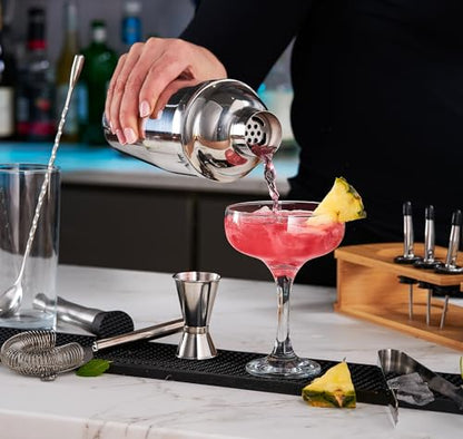 FineDine 17-Piece Stainless Steel Bar Set Cocktail Shaker Set Bartender Kit | Mixology kit, stainless steel bar tools, shaker tins, jigger, strainer, muddler, spoon, pourers, stand, home bartending