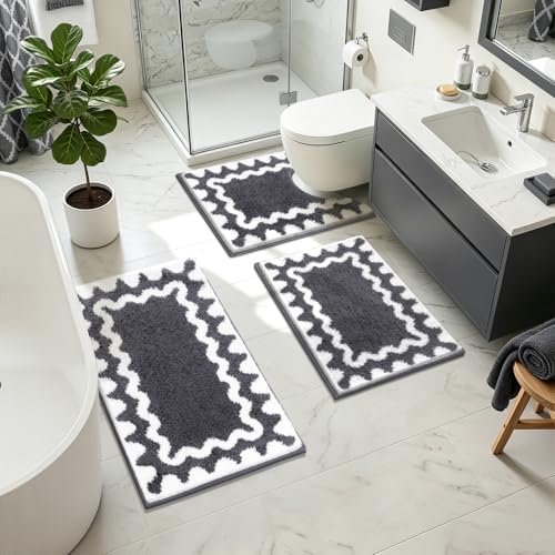 Findosom Bathroom Rugs Sets 5 Piece, Absorbent Soft Non-Slip Bath Rug Set | Washable Microfiber Shaggy Bath Mat Set with Bathroom Runner Rug, U-Shaped Toilet Rugs, Shower Rug&Toilet Lid Cover,Dark Gray - color: Dark Gray & White, size: 18"x26"+20"x32"+20"