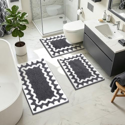 Findosom Bathroom Rugs Sets 5 Piece, Absorbent Soft Non-Slip Bath Rug Set | Washable Microfiber Shaggy Bath Mat Set with Bathroom Runner Rug, U-Shaped Toilet Rugs, Shower Rug&Toilet Lid Cover,Dark Gray - color: Dark Gray & White, size: 18"x26"+20"x32"+20"