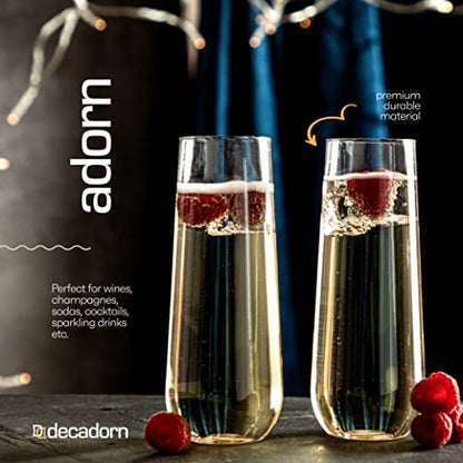 DECADORN Stemless Plastic Champagne Flutes, 48 Pack, 9 oz, Made in USA | Clear BPA-Free Glasses with Smooth Rims, Shatterproof & Recyclable, Durable Mimosa Glasses for Parties & Events - size: 48 Pack