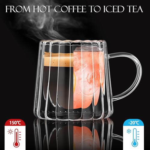 Joeyan Double Walled Glass Coffee Mugs,Latte Cappuccino Tea Cups with Handle,Insulated Borosilicate Espresso Shot Cups,Glass Milk Creamer Pitcher Frothing Cup Hot Beverage Glassware,8.5 oz,Set of 2 - color: 8.5 oz Double Walled Glass Coffee Mugs