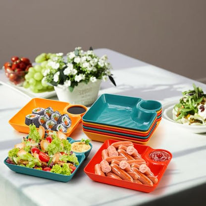 Lawei 12pcs Chip Dip Serving Platter Set, Plastic Dumpling Plates with Sauce Compartment, Square Serving Dish Sushi Plates, Small Dip Tray for Appetizer, Taco Salsa, Fruit, Charcuterie