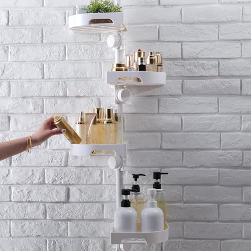 4-Tier Corner Shower Caddy Tension Pole Organizer (White) | 4-Tier rotating shelves with hooks, adjustable tray height, upgraded rustproof metal pole, removable trays for shower storage - color: White, size: No Rotation