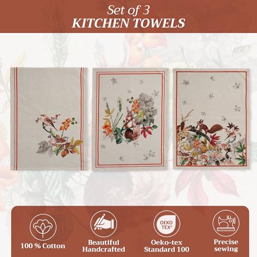 Maison d' Hermine Kitchen Towels Set of 3 Reusable 100% Cotton 27.50" x 20" | Cloth Tea Dish Towels Absorbent with Hanging Loop for Kitchen Dining Party Hotel Home Thanksgiving Christmas - Recolte - color: 036 - Recolte