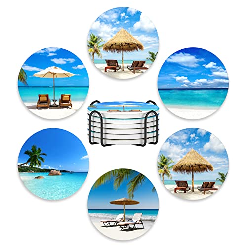 Coasters for Drinks, Set of 6 Cute Absorbent Ceramic Drink Coasters | Set of 6 Absorbent Ceramic Drink Coasters with Holder and Cork Base, Kitchen Home Decor Housewarming Gift, Round 4 in - color: Happy Beach