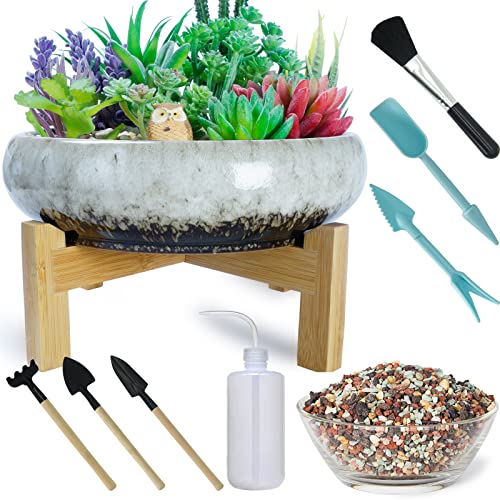 ARTKETTY Succulent Pots with Drainage - Large Succulent Planters with 2.2lb Mix Horticultural Lava Rock Pebbles, Planting Tools Set for Beginner- Shallow Bonsai Pot Ceramic Cactus Flower Plant Pot - color: White With Mix Lava Rock Pebbles
