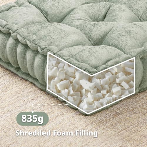 Intelligent Design Floor Pillow Meditation Cushion, 20x20 Desert Sage | Sitting for Adults Yoga, Shredded Foam Filled, Chenille Tufted Cover, Handsewn Scalloped Edge, OEKO-TEX Certified - color: Desert Sage