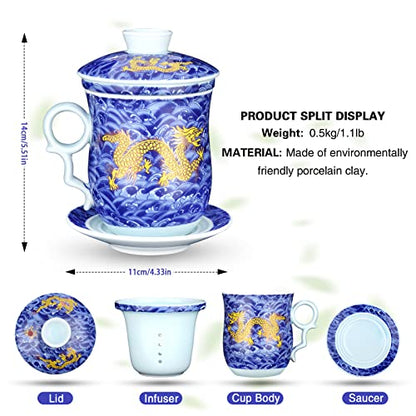 Chinese Tea Cup with Lid, Infuser and Saucer, Blue, 11.8 fl oz (350ml) | 3-in-1 Jingdezhen ceramic tea cup with removable infuser, lid and saucer, ideal for tea at home, the office or as a gift - color: Blue