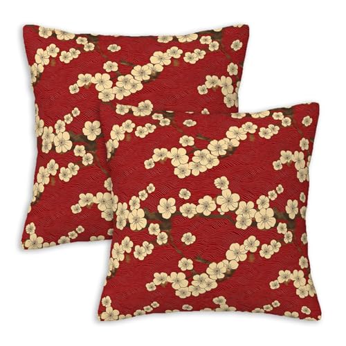 Japanese Cherry Blossom Throw Pillow Covers 18x18 Set of 2 | Red Oriental Floral Decorative Cushion Covers for Couch Sofa Bed | Asian Spring Blossom Pillowcases for Living Room Home Decor - color: Cherry Blossom