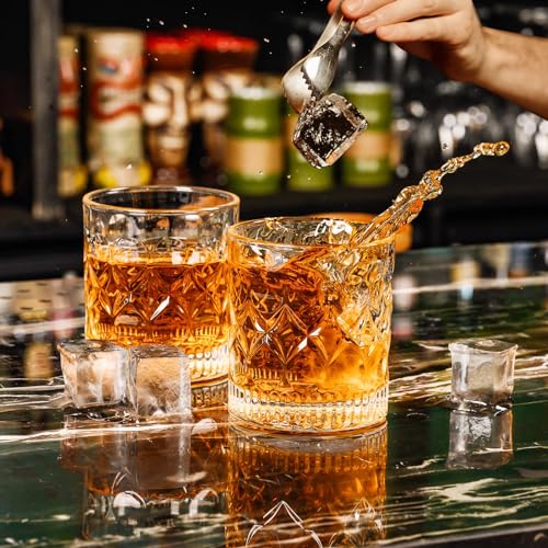 PARACITY Whiskey Glasses Set of 2, Old Fashioned Rocks Cocktail Glasses | Carved pattern and circular indents offer easy grip for ice balls, bourbon, Scotch, cocktails, bars, parties, or home use.