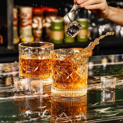 PARACITY Whiskey Glasses Set of 2, Old Fashioned Rocks Cocktail Glasses | Carved pattern and circular indents offer easy grip for ice balls, bourbon, Scotch, cocktails, bars, parties, or home use.