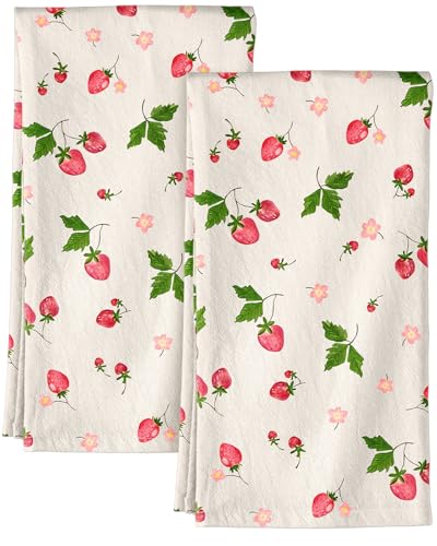 150GSM Flour Sack Kitchen Towels Set of 2, Strawberry | 18"x26", Lightweight, Lint-Free, Pure Cotton, Decorative, with Hanging Loop, Absorbent, Softer after Wash, Giftable Package - color: Strawberry